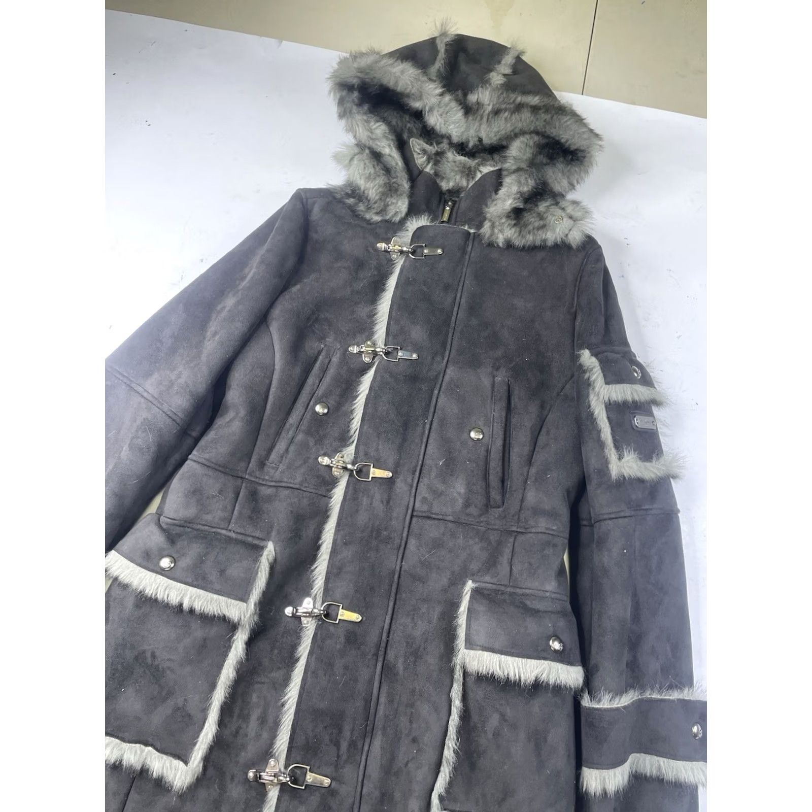 Pepe Jeans VINTAGE Pepe Jeans Coat Fur Lined Midi Parka Hooded Women's Large Gray 90s Y2K Bohemian Fur Trim Buckle Zip Long Faux Fur Down Winter Fall Workwear Size 36" / US 14 / IT 50 - 4 Thumbnail