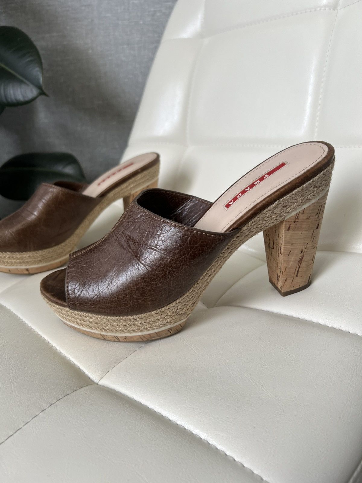Prada Prada Leather Platform Mules Cork Heels Woven Trim Sandals Size US 8 / IT 38 - 3 Thumbnail