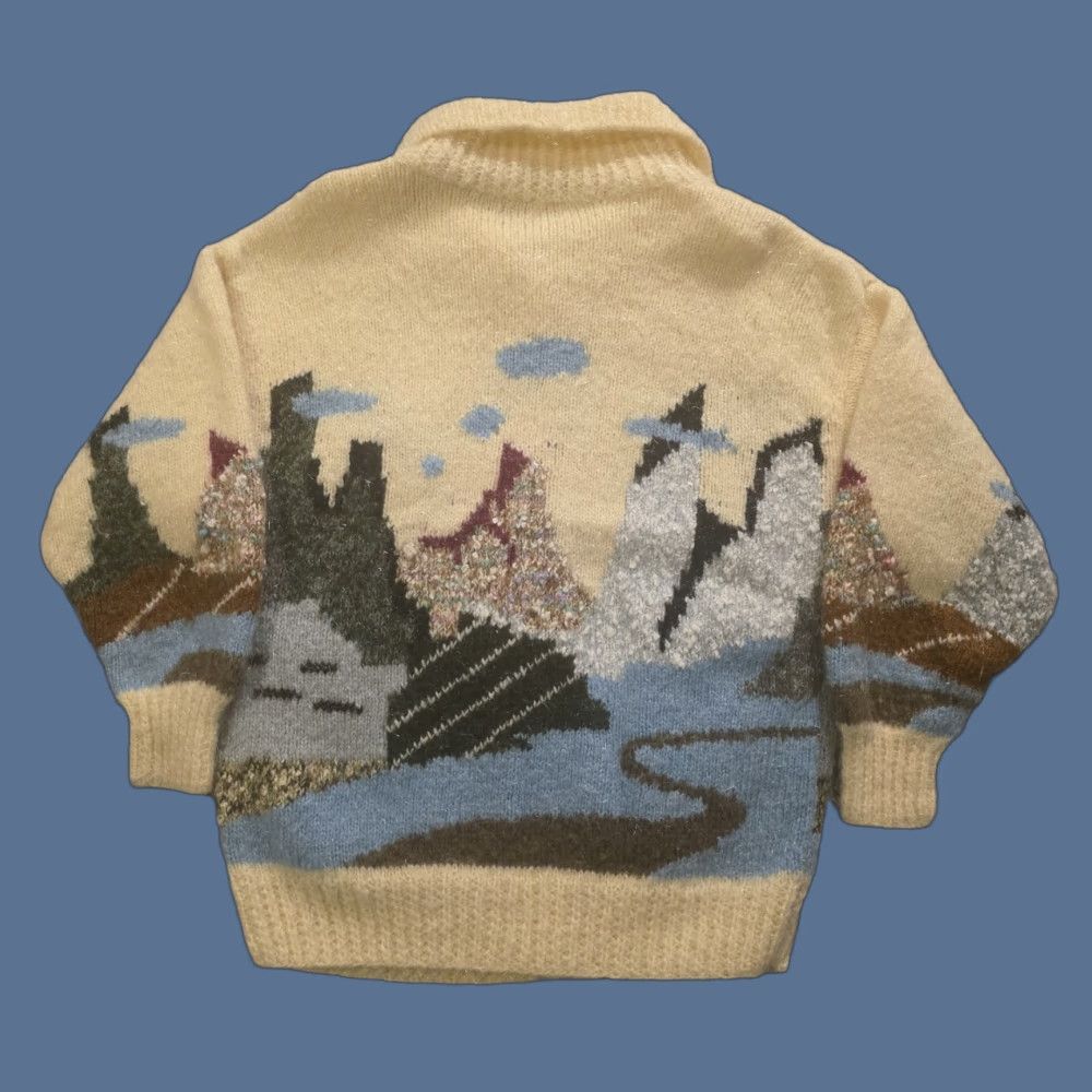 Vintage Vtg 70s Hand Knit Fuzzy Acrylic Cardigan Sweater Mountain Landscape Womens Large Size M / US 6-8 / IT 42-44 - 1 Thumbnail