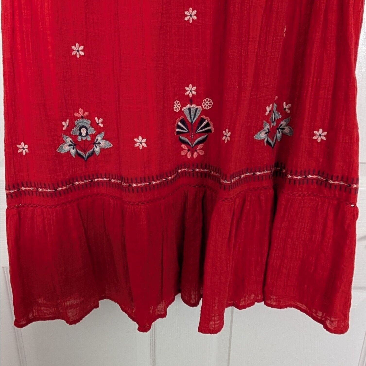 Designer Knox Rose Embroidered Floral Dress Womens Size XL Red Ruffle Size XL / US 12-14 / IT 48-50 - 5 Thumbnail