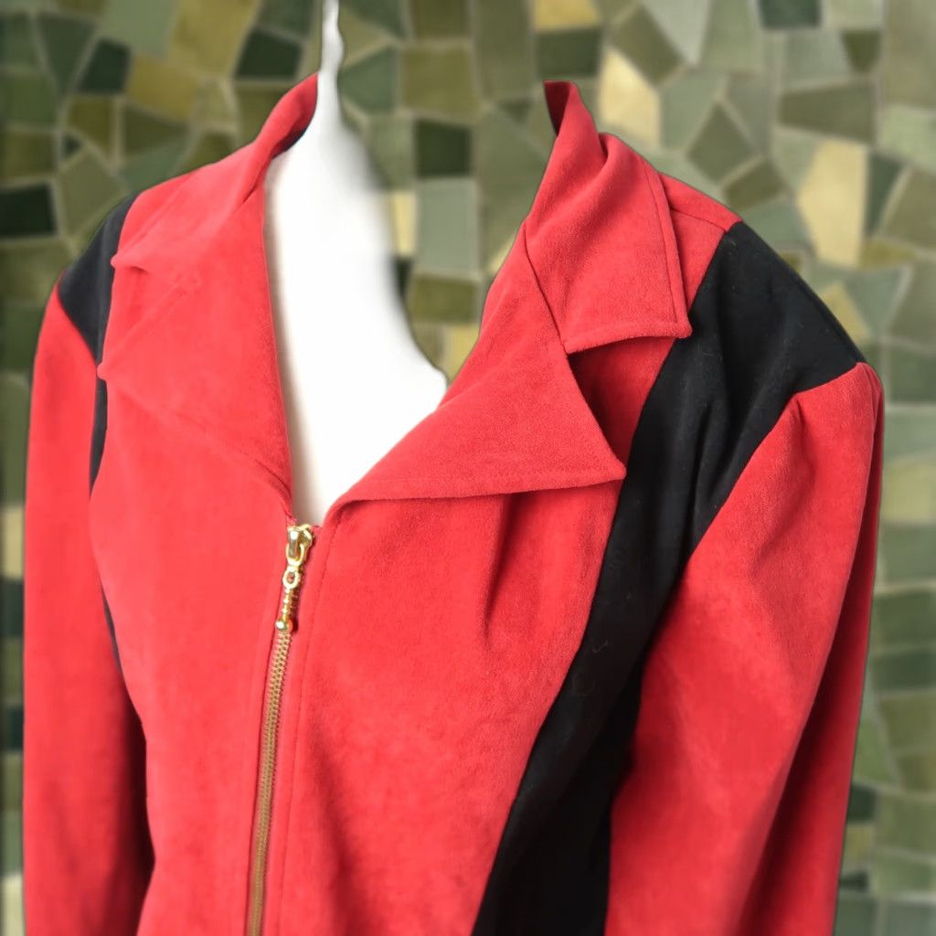 VINTAGE Fashion Bug Blazer 90s Red Black Zip Front Blazer Jacket 12 Womens