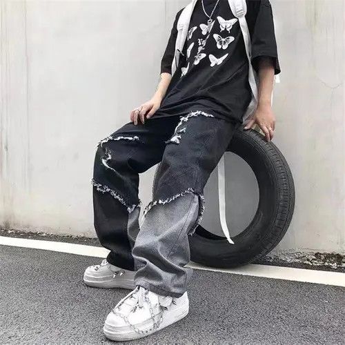 VIBE Baggy Distressed Patchwork Jeans, Embroidered Jeans Size US 34 / EU 50 - 2 Thumbnail