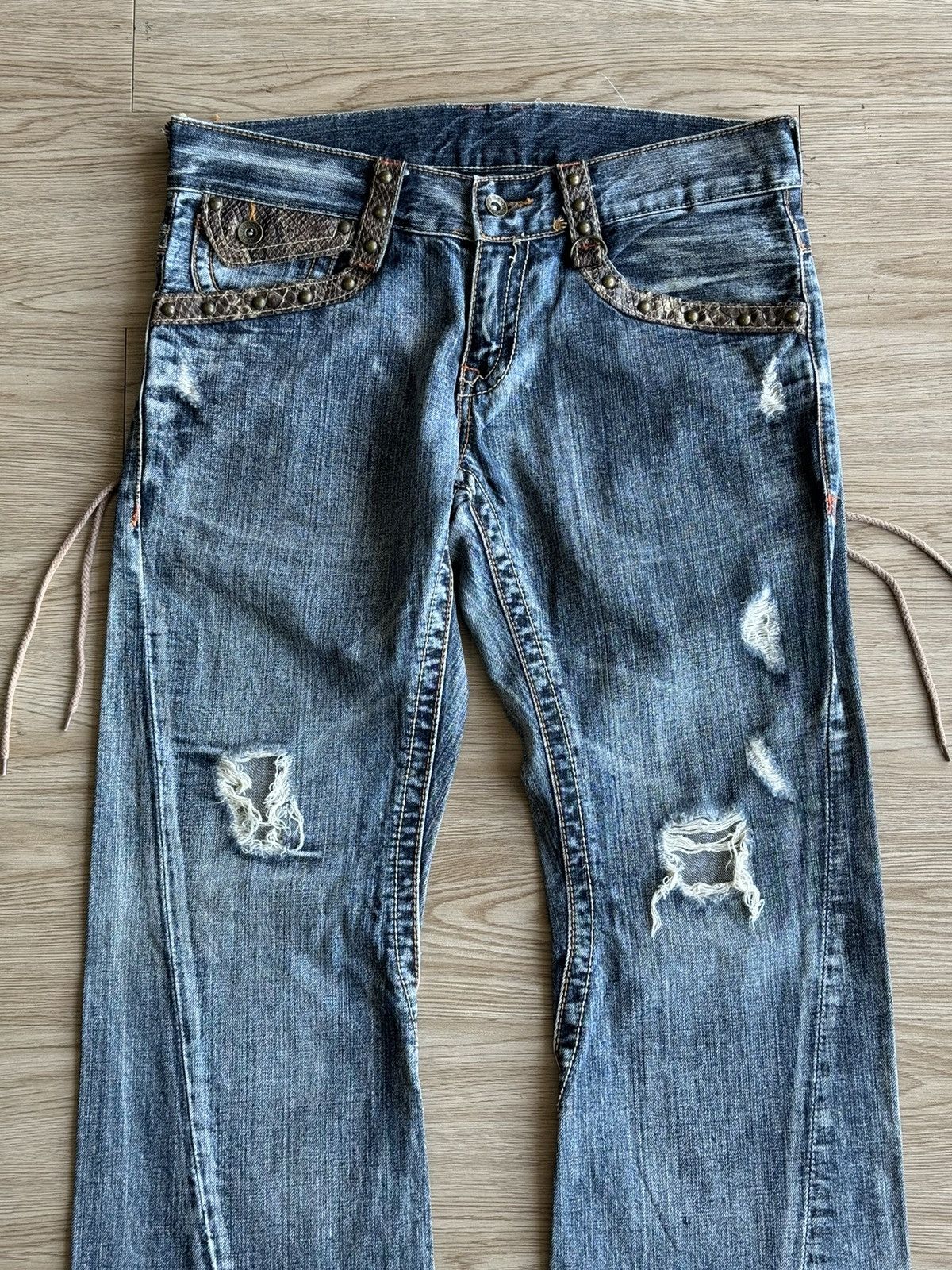 Japanese Brand XX Semantic Design Snake Skin Laces Riot Punk Flared Denim Size US 34 / EU 50 - 7 Thumbnail