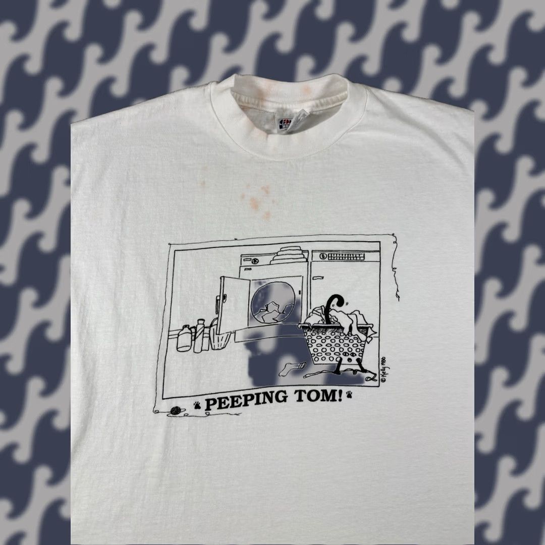 Hanes Vintage Peeping Tom Kelly 1986 Single Stitch Shirt USA Made • Adult Size XL - White Size US XL / EU 56 / 4 - 1 Thumbnail