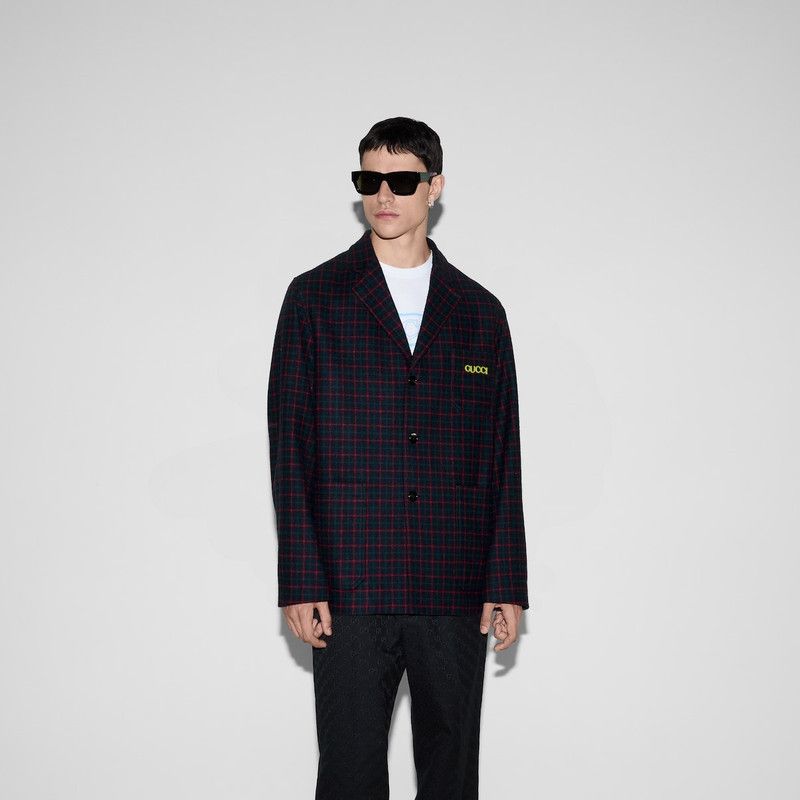 Gucci o1loc1c1125 814510 Embroidered Check Wool Flannel Jacket Size US XL / EU 56 / 4 - 5 Thumbnail