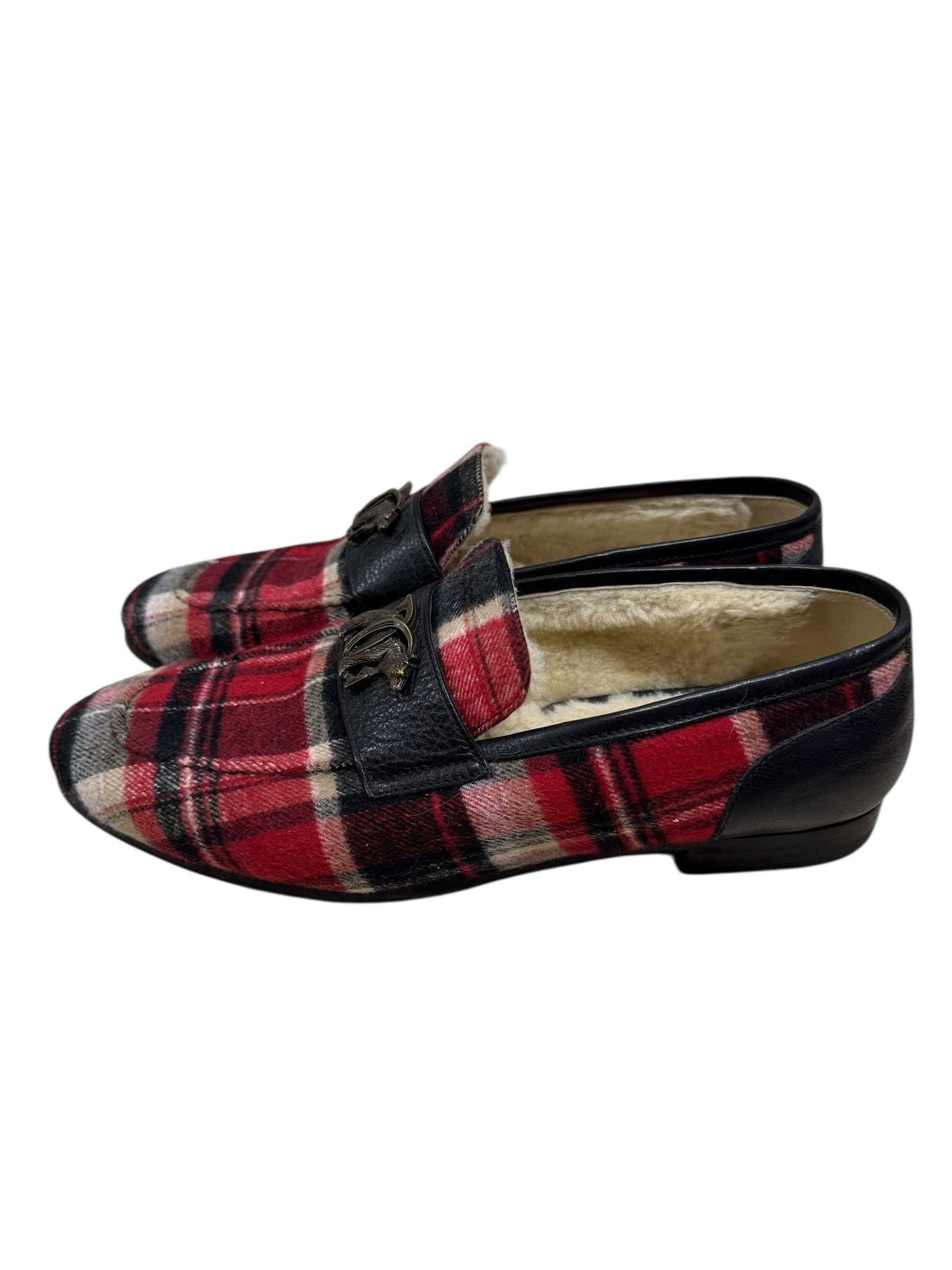 Dsquared2 Dsqaured2 Red Wool Tartan Plaid Bear Fur lined Mens Loafers Size US 10 / EU 43 - 4 Thumbnail