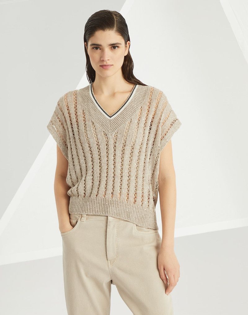 Brunello Cucinelli o1la1rc1a0326 Knitted Vest in Beige Size M / US 6-8 / IT 42-44 - 1 Thumbnail