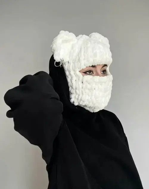 Handmade Dear Balaclava . Knitted ski mask with ears. White face mask Size ONE SIZE - 4 Thumbnail