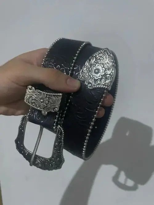 Leather PU Leather Belt with Metal Engraved Buckle Size ONE SIZE - 4 Thumbnail