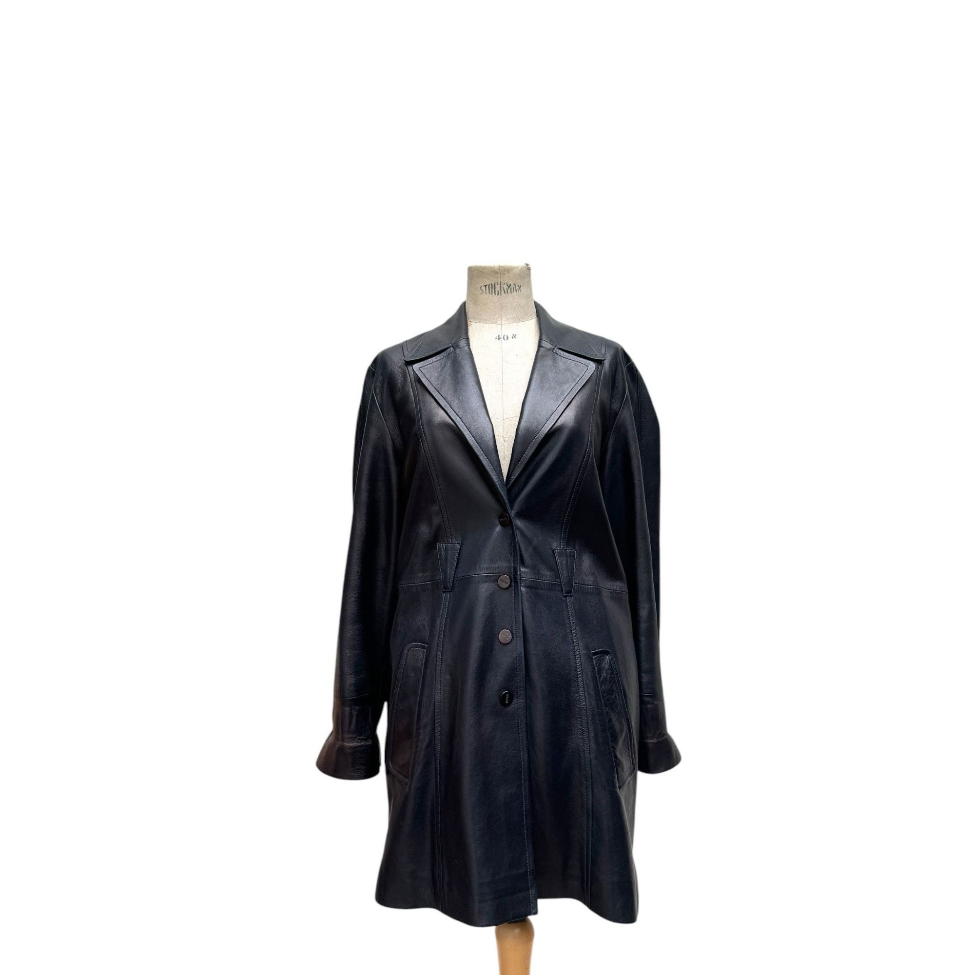 Thierry Mugler 1980s Dark Navy Leather Coat Size L / US 10 / IT 46 - 1 Thumbnail