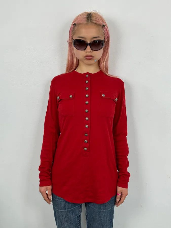 Balmain 2000s Balmain Red Buttoned Blouse Longsleeve T-Shirt Size S / US 4 / IT 40 - 2 Thumbnail