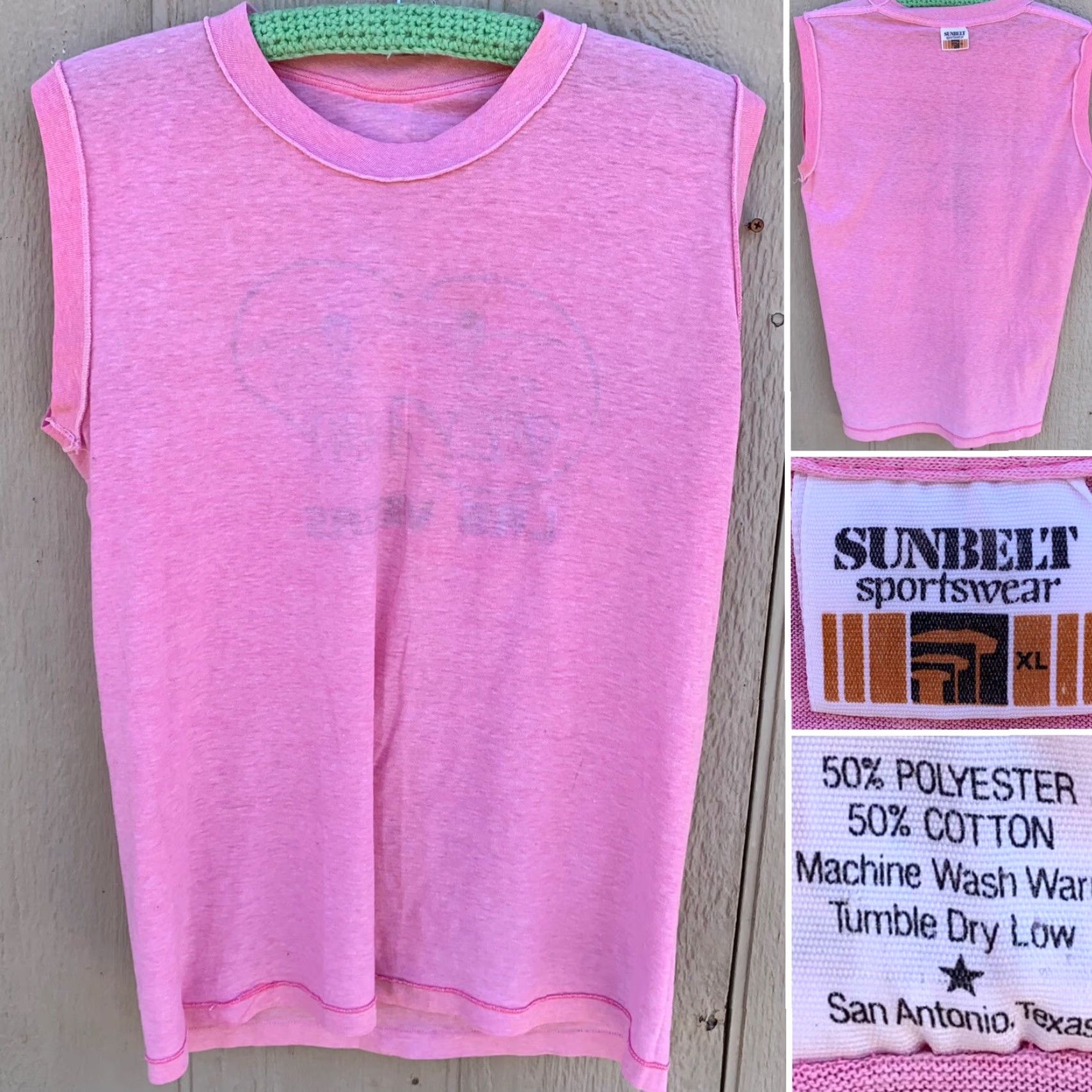 Vintage vintage Sunbelt Fly Away Las Vegas muscle tee pink sleeveless t shirt 80s 1980s XL Men graphic tee Size US XL / EU 56 / 4 - 6 Thumbnail