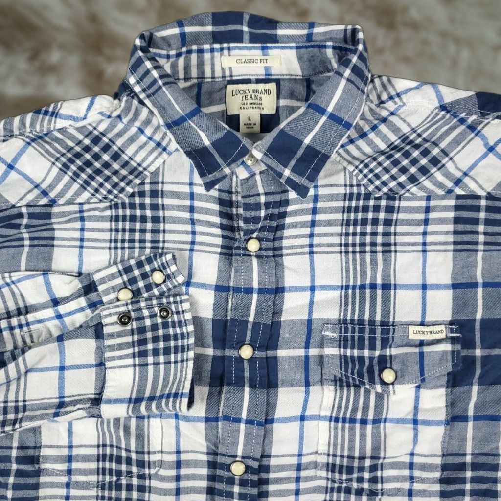 Lucky Brand Lucky Brand Blue Plaid Western Button-Up Shirt Mens Large Long Sleeve Pearl Snap Size US L / EU 52-54 / 3 - 1 Thumbnail