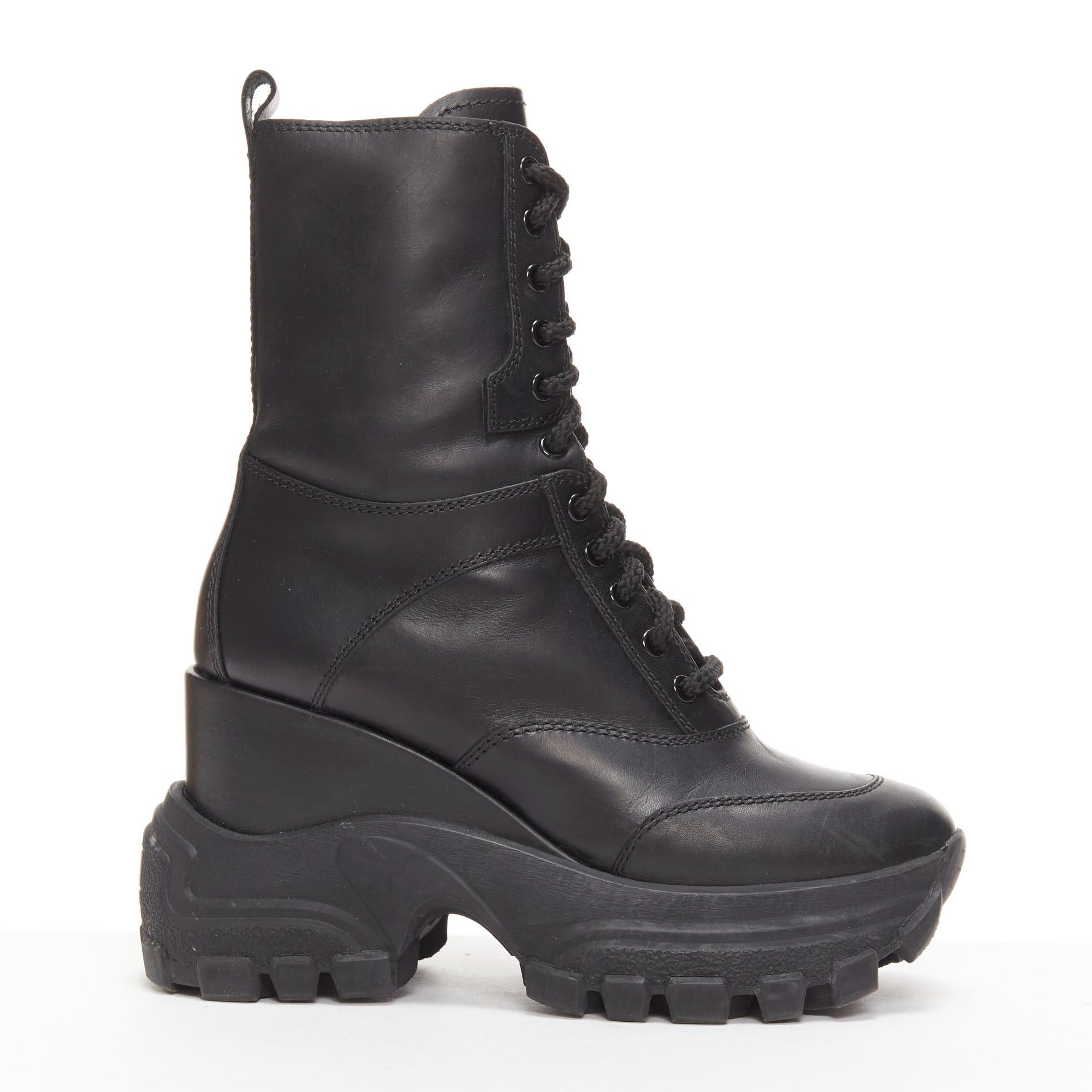 Miu Miu MIU MIU Runway black leather logo lace up chunky wedged military boots EU39 Size US 9 / IT 39 - 1 Thumbnail