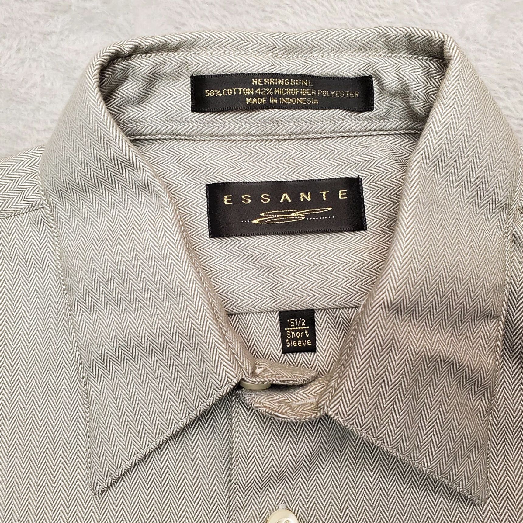 Vintage Essante Shirt Men Medium Beige 15.5 Herringbone Cotton Blend Casual Short Sleeve Button-Up Size US L / EU 52-54 / 3 - 4 Thumbnail