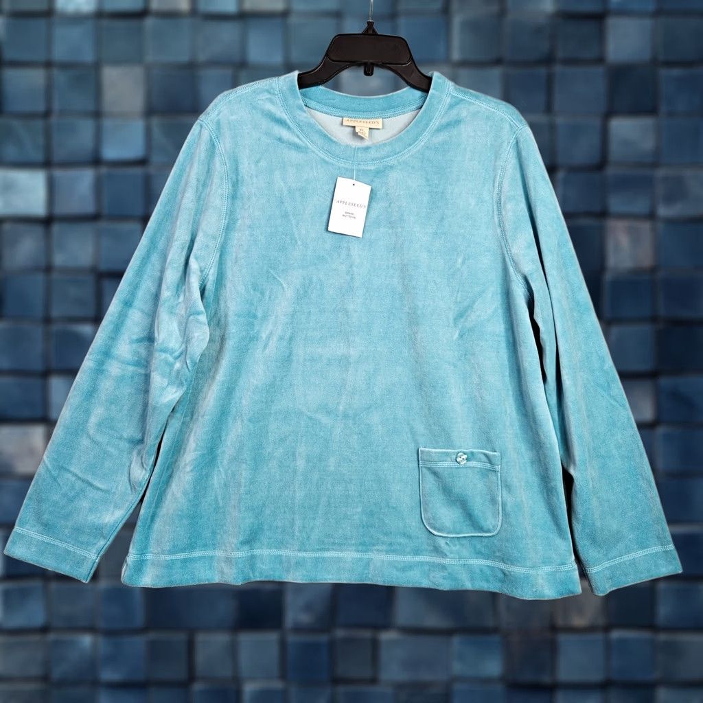 Vintage Appleseed's Women XL Light Aqua Velour Long Sleeve Sweatshirt Pullover Casual Blue White Tags/Label? Size XL / US 12-14 / IT 48-50 - 1 Thumbnail
