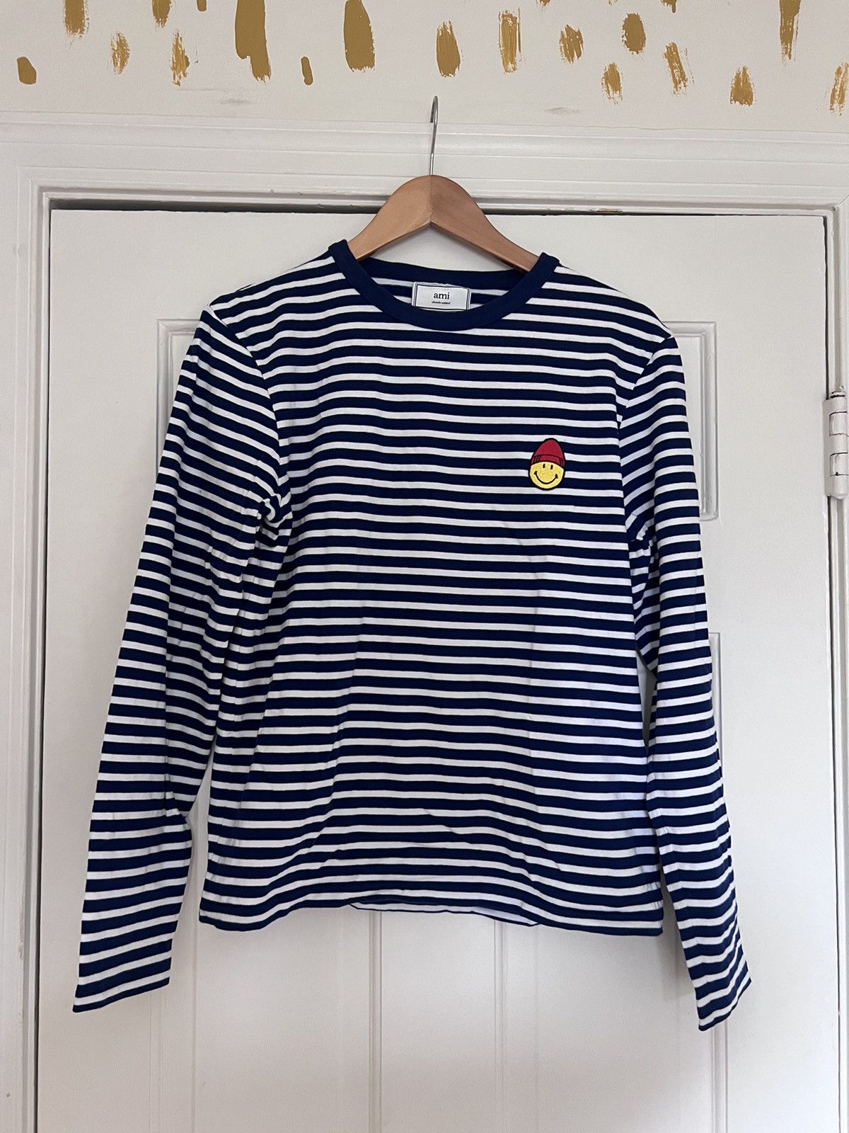image of Ami X Smiley Collab Blue And White Stripe Long Sleeve T, Men's (Size Small)