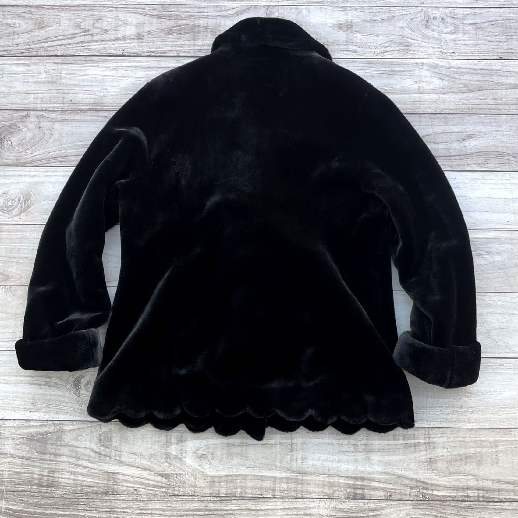Vintage Dennis Basso Black Faux Fur Overcoat Women’s Large Mid-Length Collared Scalloped Fur Trim Coat Size L / US 10 / IT 46 - 7 Thumbnail
