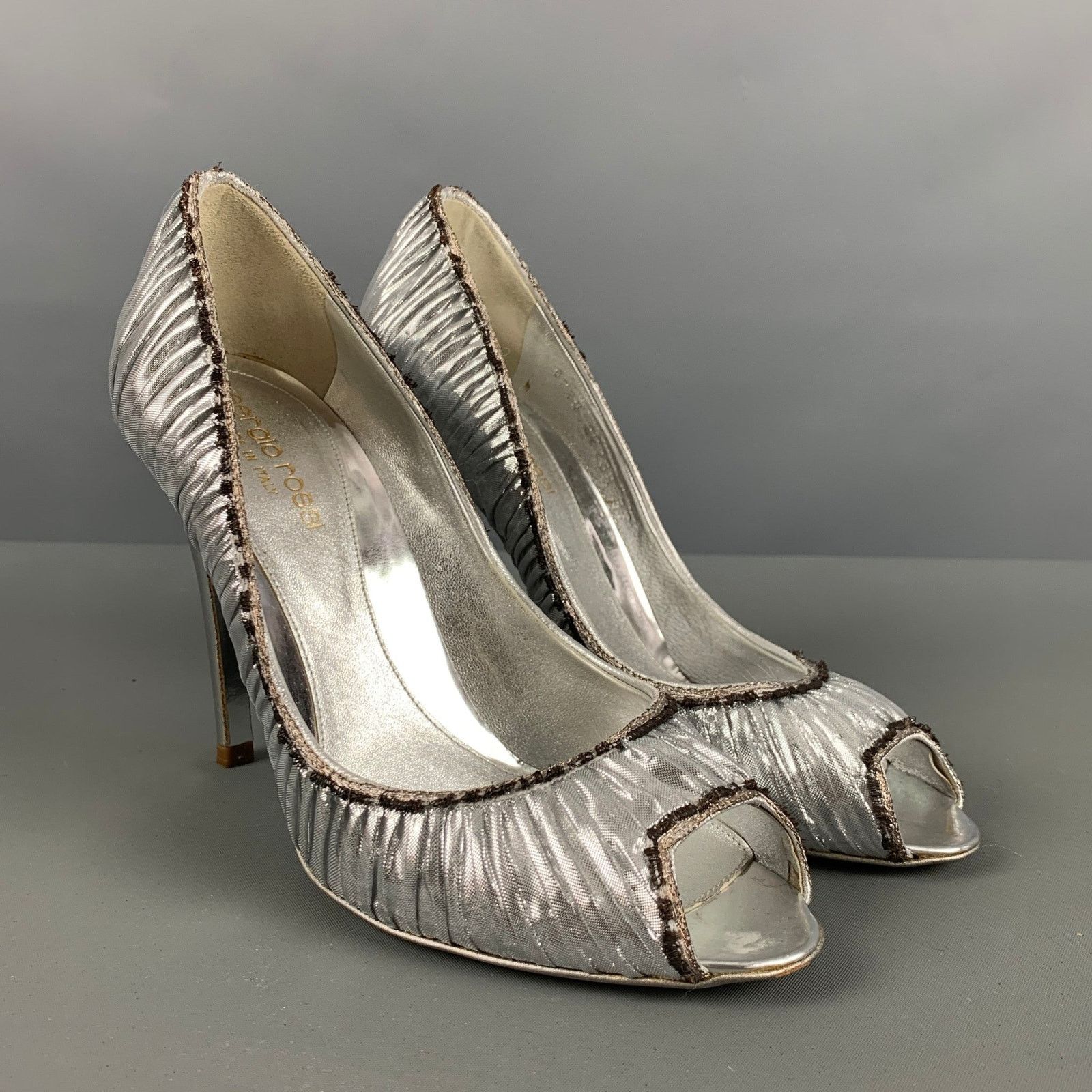 SERGIO ROSSI Size 7 Black Lame Metallic Peep Toe Pumps