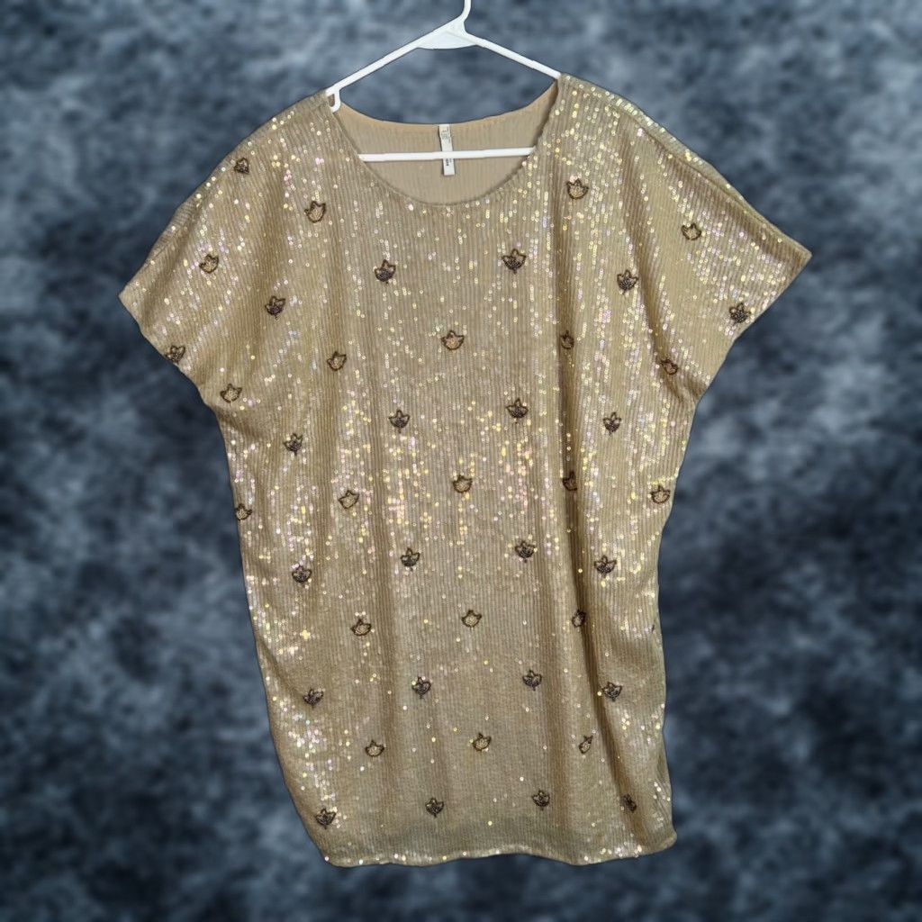 Mango Mango Womens 8 Gold Sequin Embellished Dress Lined Short Sleeves Sheath Party/Cocktail Size 30" / US 8 / IT 44 - 1 Thumbnail