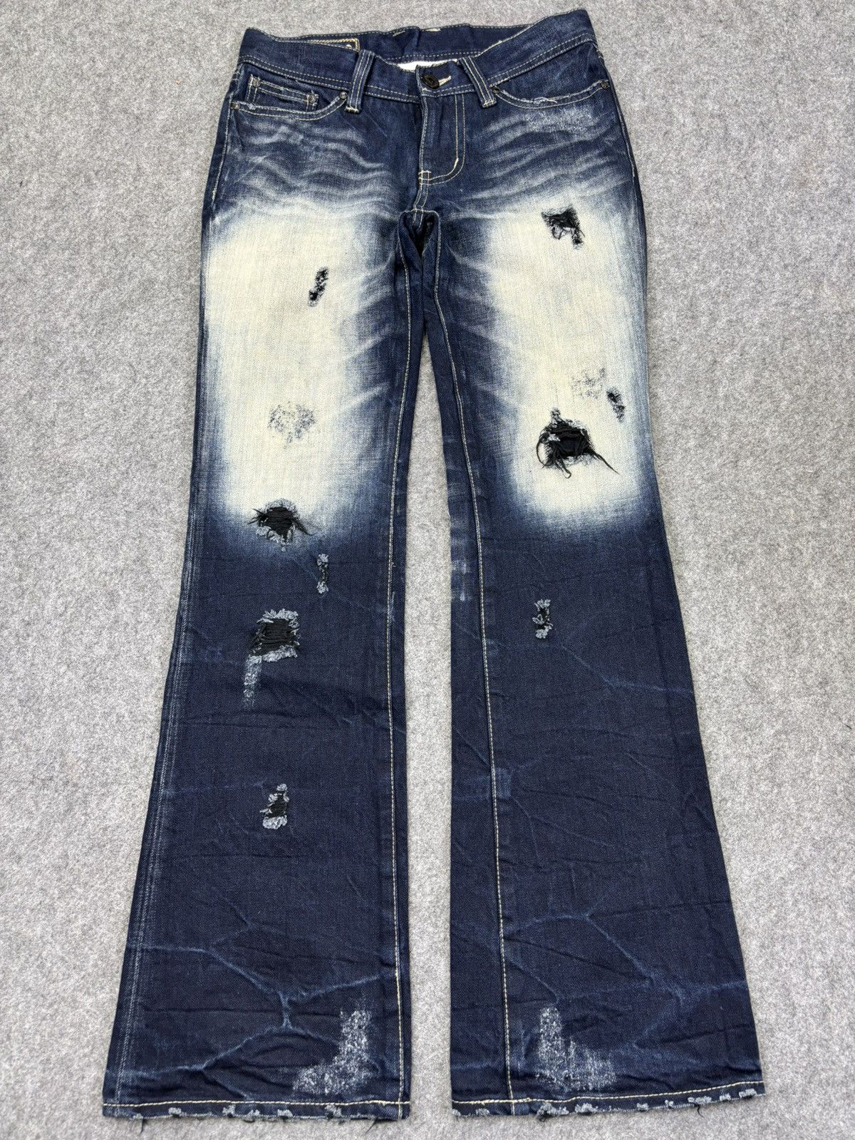 Japanese Brand Super Flare💥ArmyofNo Flare Stonewash Distressed Denim K22 Size US 31 - 12 Thumbnail