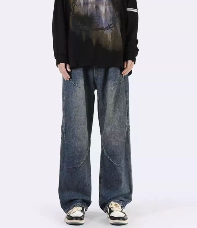Men's retro loose straight patchwork jeans