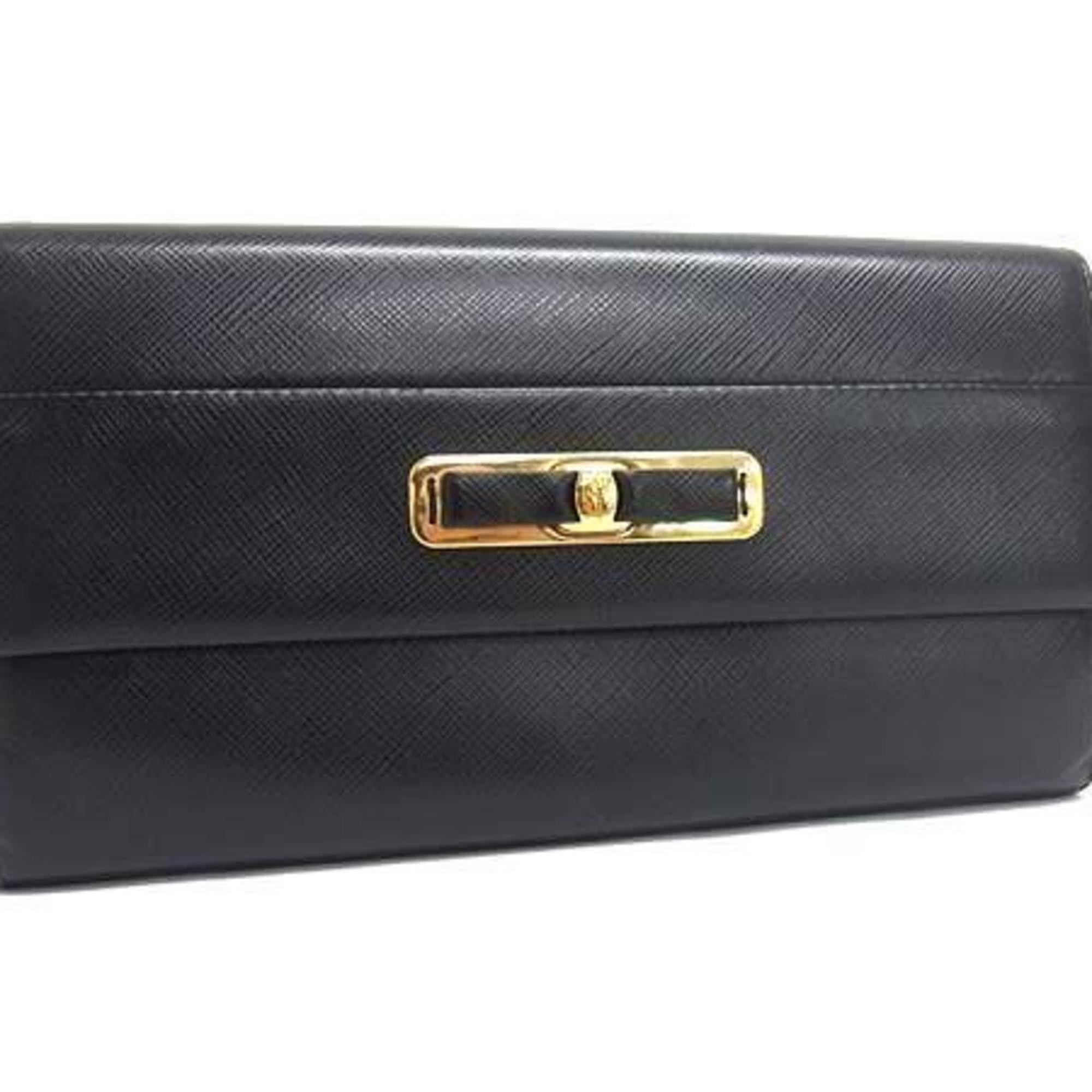 Salvatore Ferragamo Vara Ribbon Flap Wallet Size 22 C127 Black Leather Women's