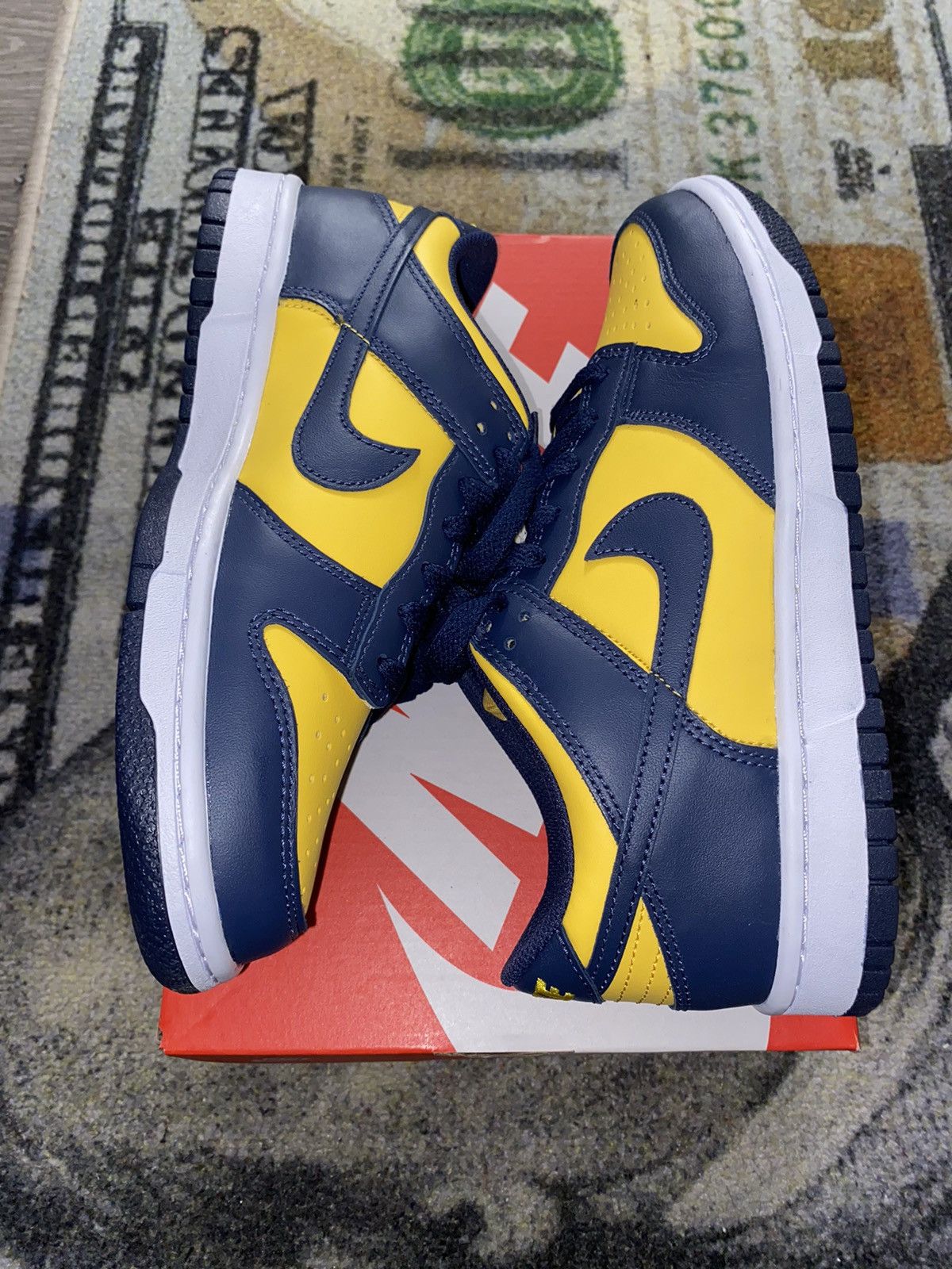 image of Nike Dunk Low Michigan (6Y Grade School) Shoes in Navy Yellow, Women's (Size 7.5)