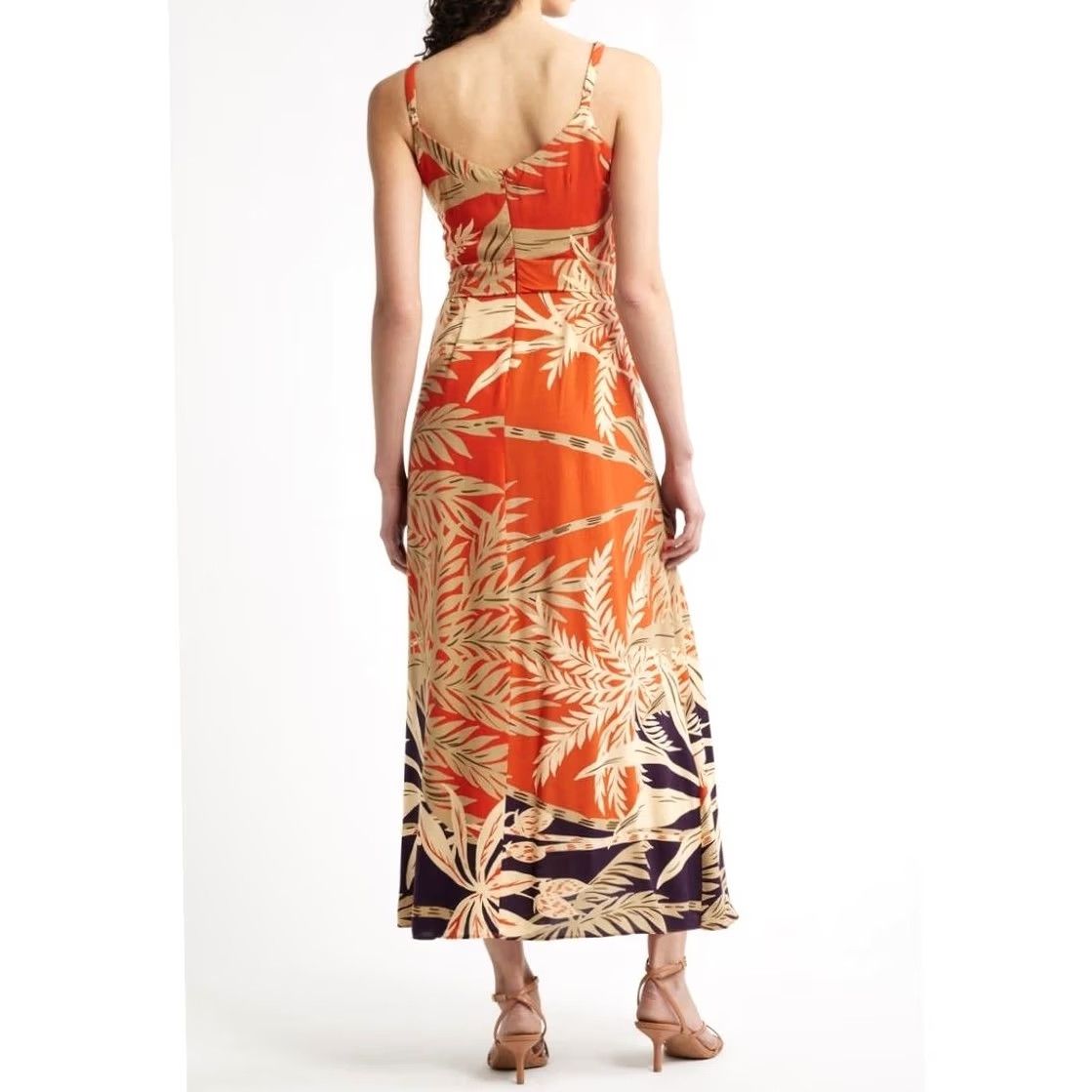 Vintage Halogen Palm Print Maxi Dress Belted Orange Tan V-Neck Adjustable Straps Size L Size L / US 10 / IT 46 - 5 Thumbnail