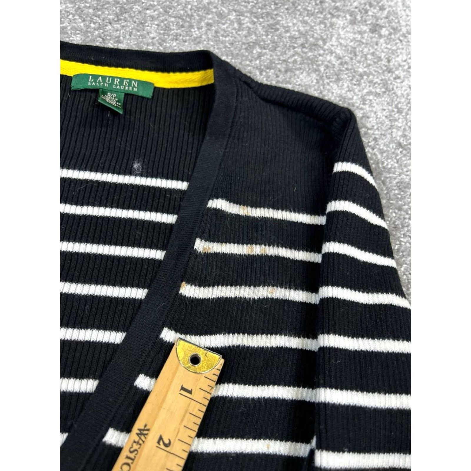 Ralph Lauren Lauren Ralph Lauren Sweater Cardigan Womens S Black White Yellow Knit Striped V-Neck Long Sleeve Cotton Casual Regular Vintage No (note: avoid N/A). Size S / US 4 / IT 40 - 7 Thumbnail