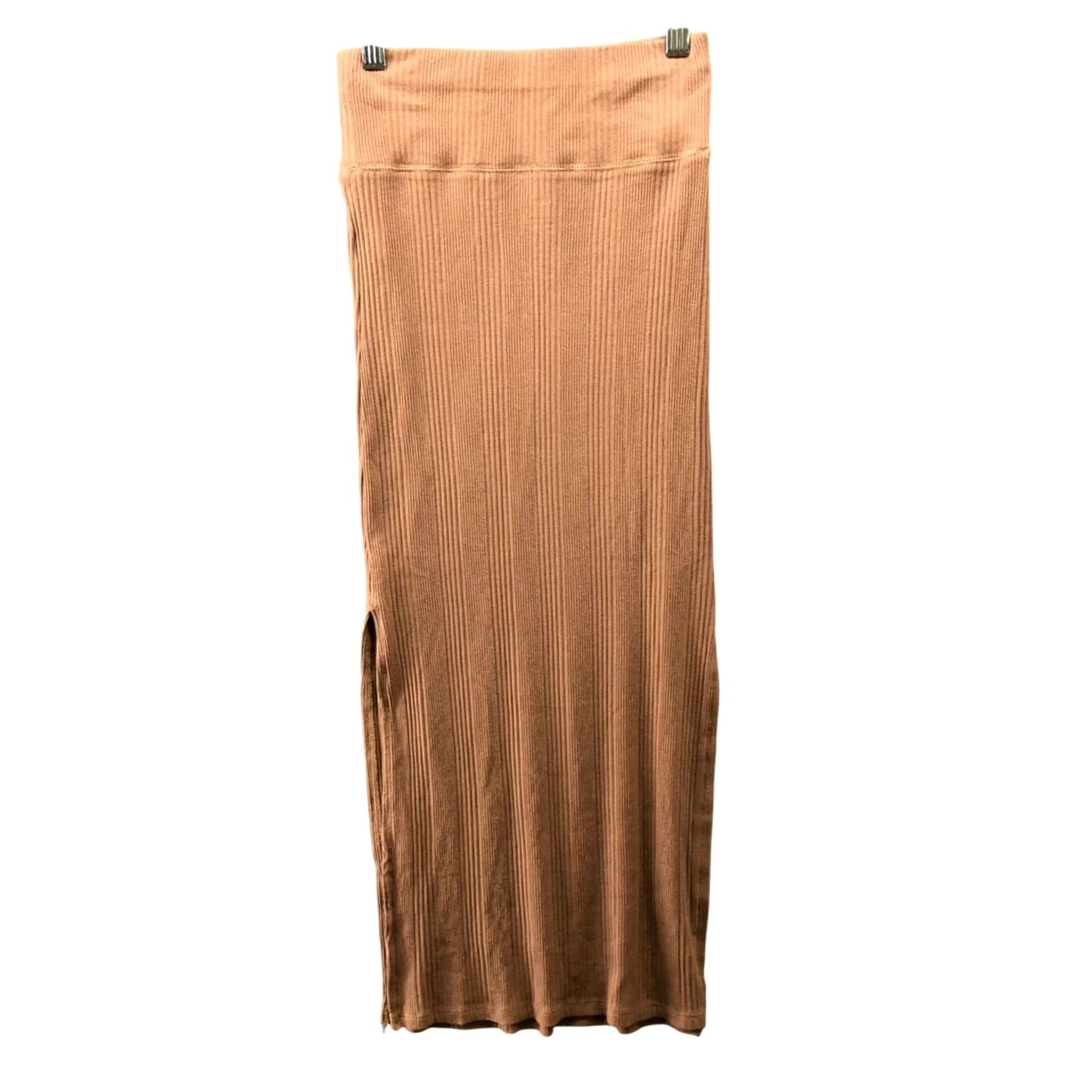 Vintage NWT Aerie Ribbed Midi Skirt Womens XS Tan Pull On Side Slits Bodycon Stretch Skirt Brown Cotton Knit Slit Summer Spring Womens XS Tan Size 26" / US 2 / IT 38 - 2 Thumbnail