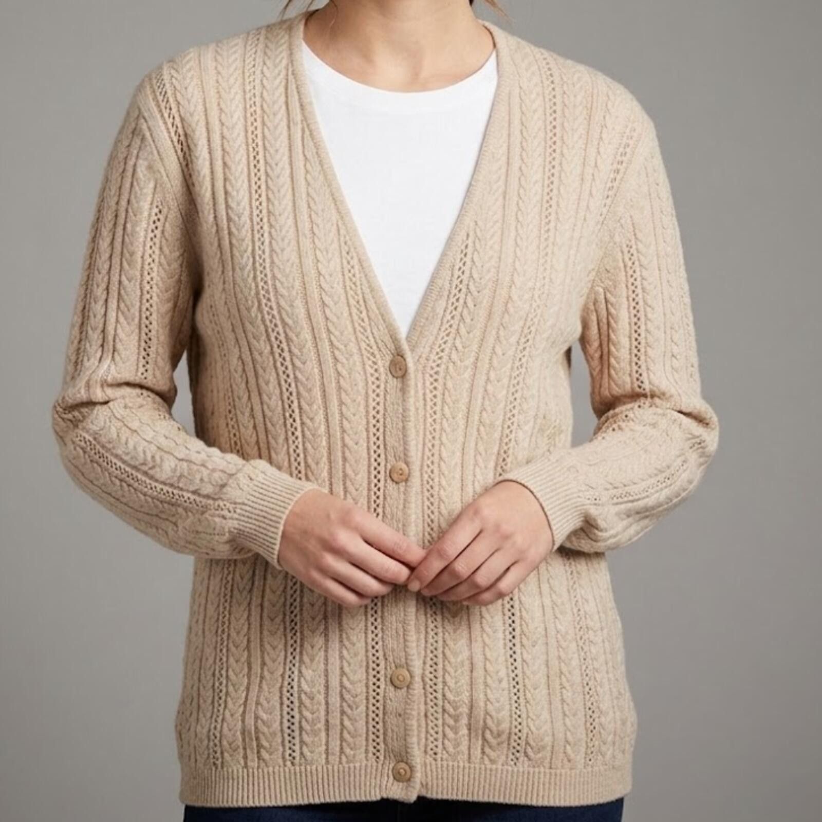 Other Talbots Vintage Tan Cable Knit Cardigan Womens Large Size L / US 10 / IT 46 - 2 Thumbnail