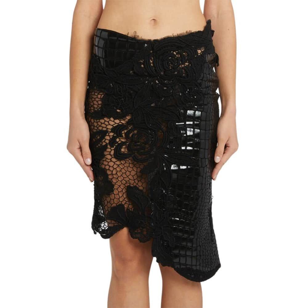o1loc1c0924 GCL861 Asymmetric Lace & Leather Skirt in Black