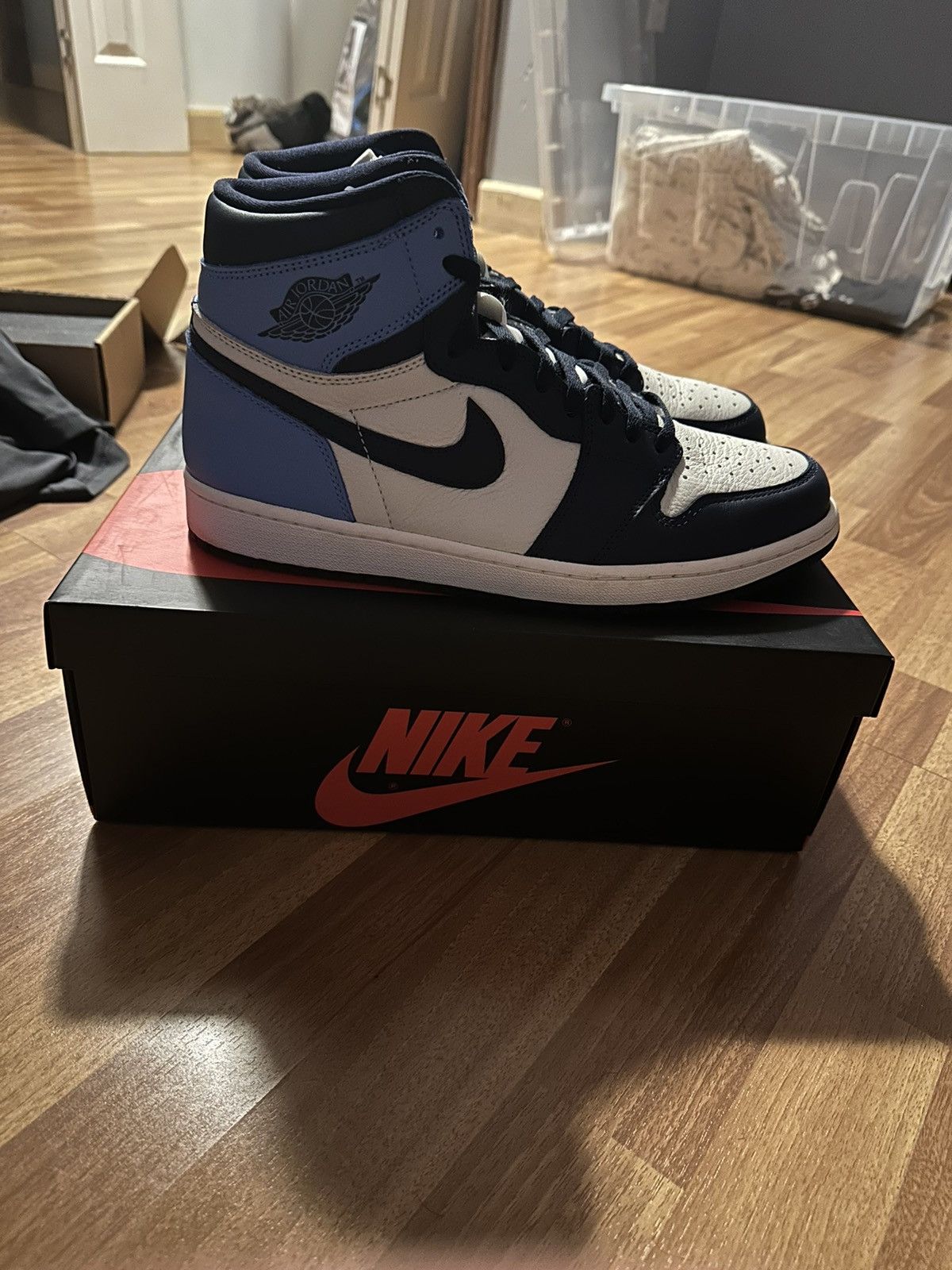 image of Jordan Brand 1 Obsidian Shoes in Blue/White, Men's (Size 12)