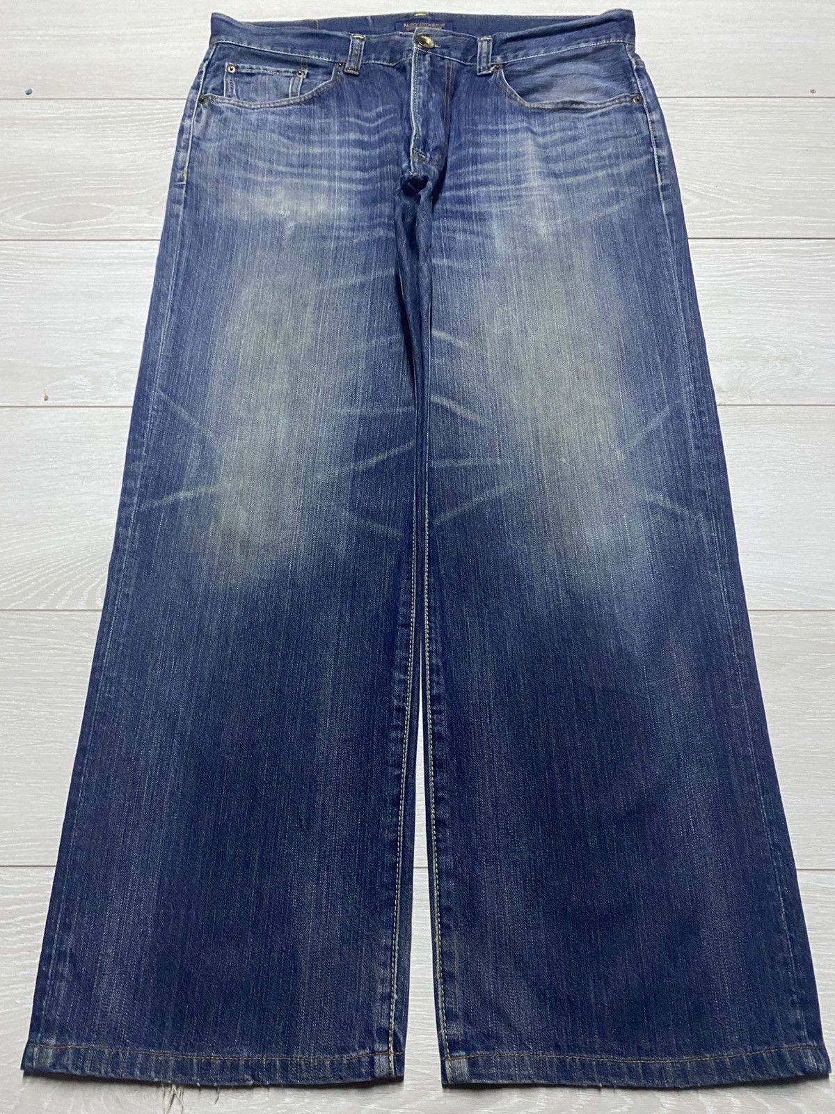 Japanese Brand Vintage Navy Produce Faded Baggy Wide Leg Jeans Size US 37 - 1 Thumbnail