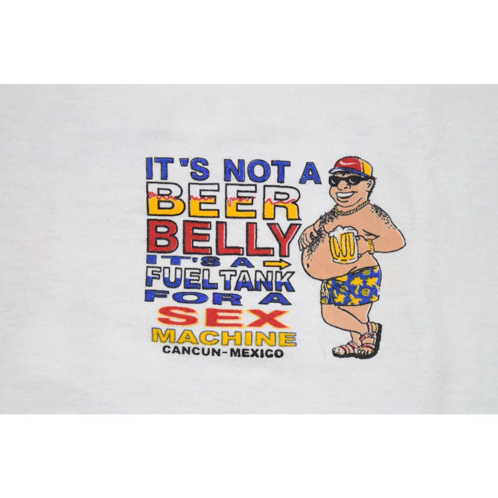 Bell VINTAGE Cancun Beer Belly Sex Machine T-Shirt Men XL White Sun and Beach Parody 90s Shirt Boxy Cropped Fit Mens Size US XL / EU 56 / 4 - 2 Thumbnail