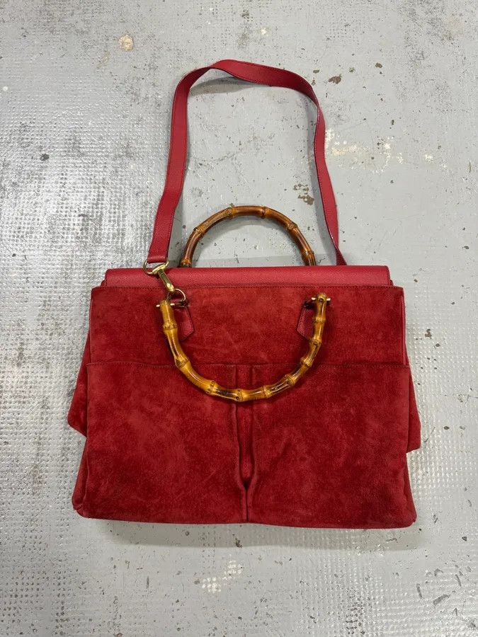 Gucci 1990s Gucci Red Suede Leather Bamboo Handle Shoulder Bag Size ONE SIZE - 1 Thumbnail