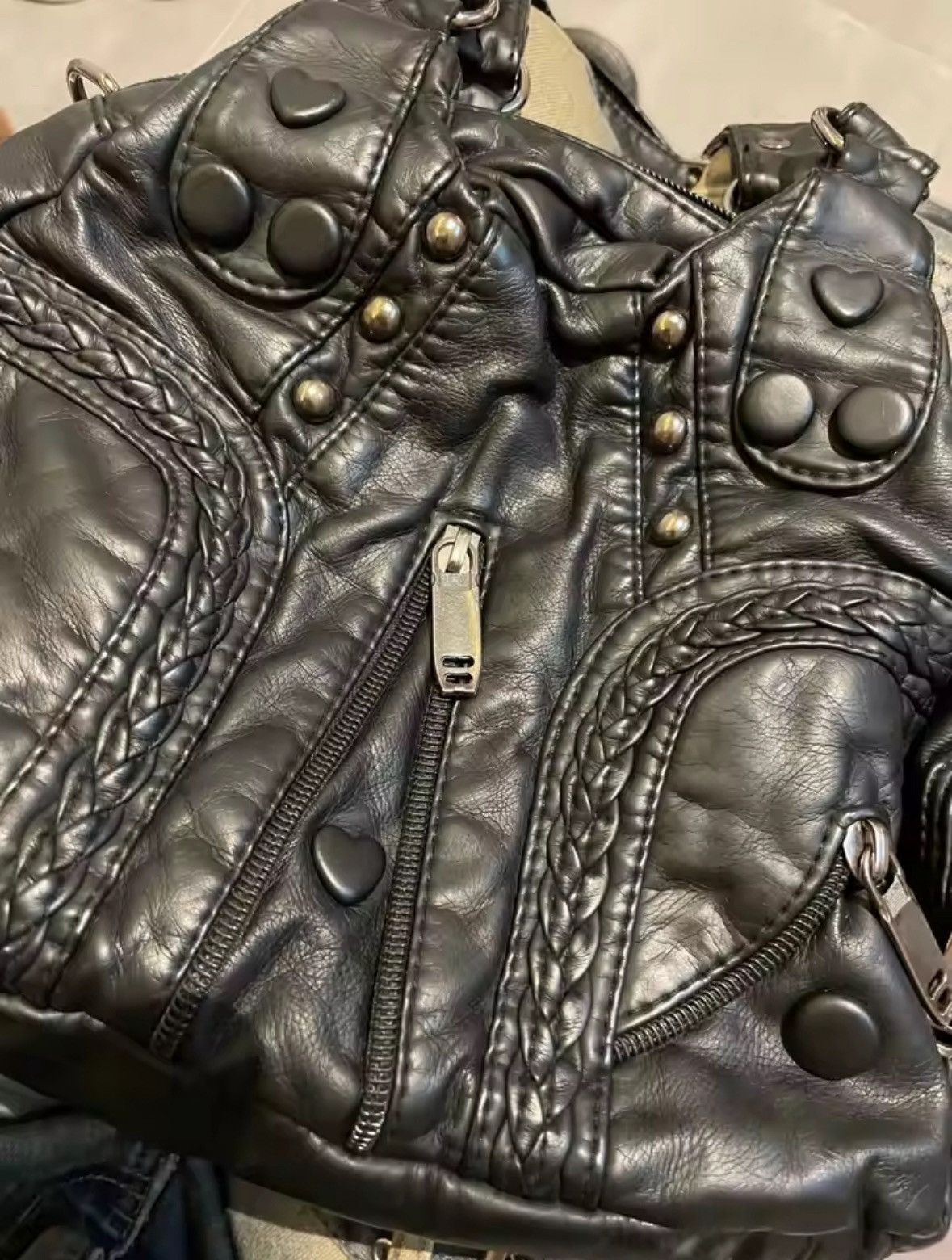 Japanese Brand Leather Tote Bag Large Capacity Rivet Motorcycle Handbag Size ONE SIZE - 5 Thumbnail