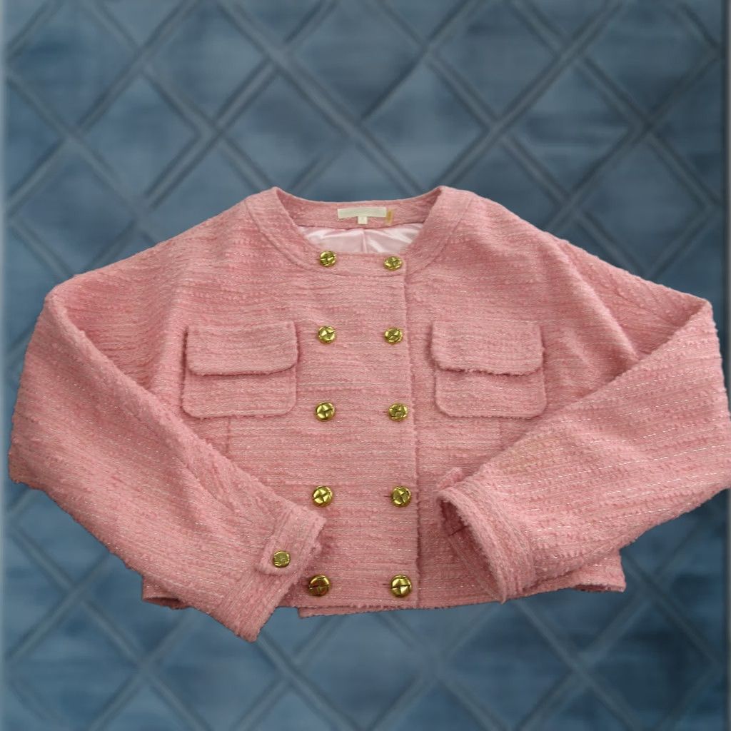 LoveShackFancy LoveShackFancy Pink Tweed Jacket Womens Medium Collarless Button Front Blazer Short Sleeve Size M / US 6-8 / IT 42-44 - 1 Thumbnail