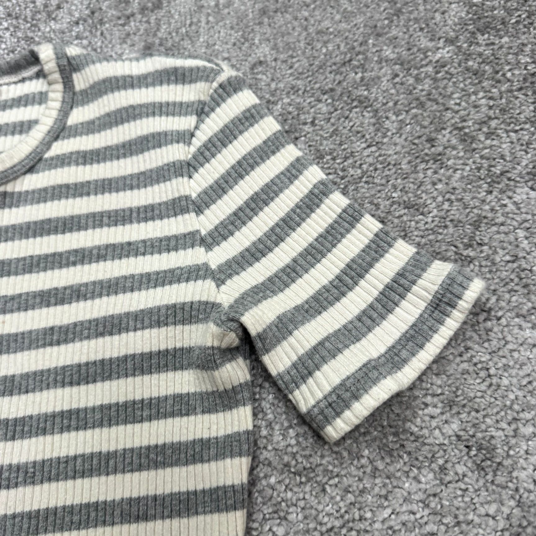 Theory Theory Bodycon Midi Dress Womens XSP Gray White Striped Crew Neck Knit Ribbed Cotton Blend Short Sleeve Vintage No Size XS / US 0-2 / IT 36-38 - 5 Thumbnail