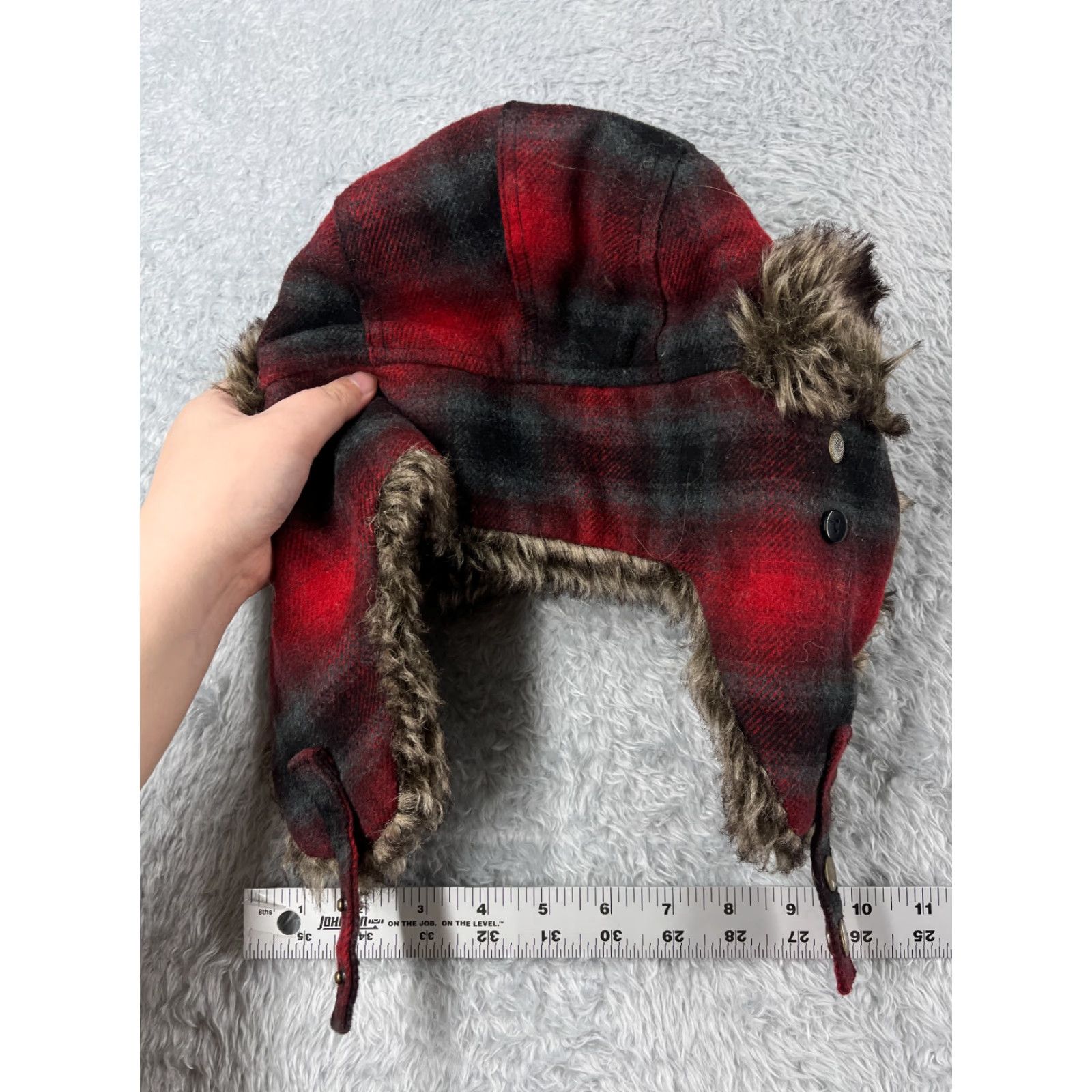 Walmart VINTAGE Trapper Hat Men One Size Red Plaid Acrylic Polyester Faux Fur Ear Flap Knit Lightweight Adjustable Casual Hunting Outdoor December 90s? Size ONE SIZE - 3 Thumbnail