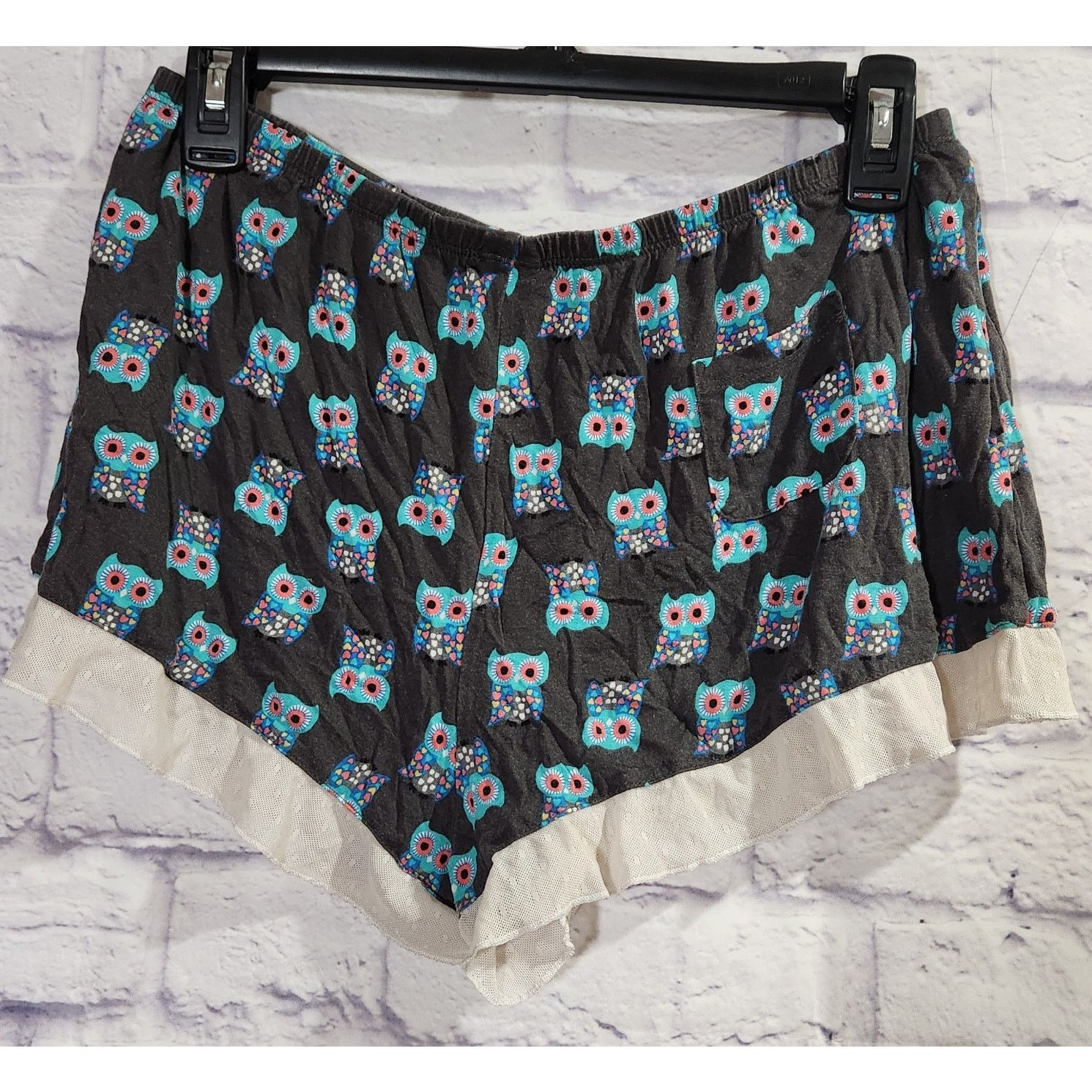 Other Kensie Black Blue Owl Print Lace Trim Hem Sleep Shorts M Size 28" / US 6 / IT 42 - 2 Thumbnail