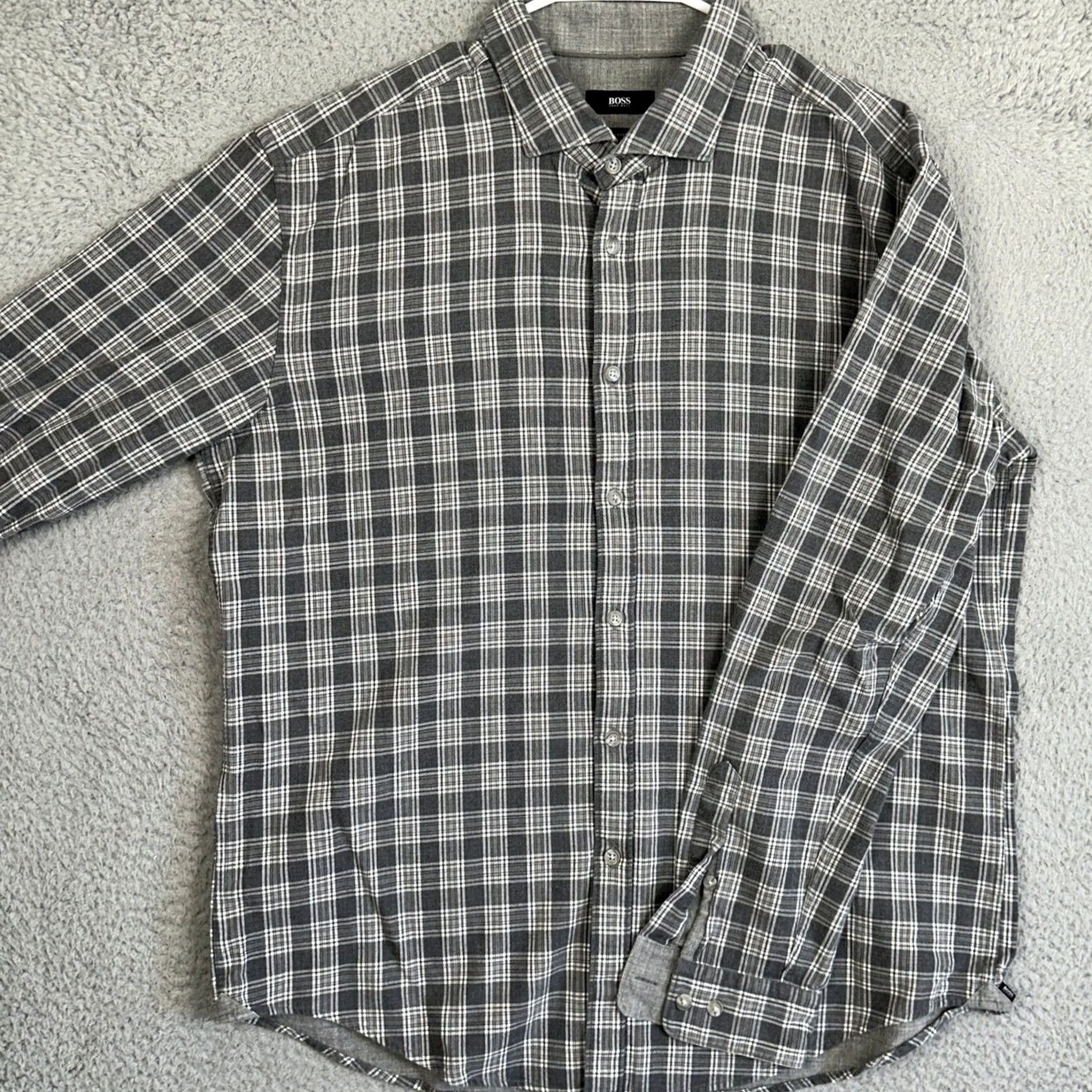 Hugo Boss HUGO BOSS Shirt Mens 2XL Grey White Slim Fit Button Up Plaid Casual Long Sleeve Size US XXL / EU 58 / 5 - 2 Thumbnail