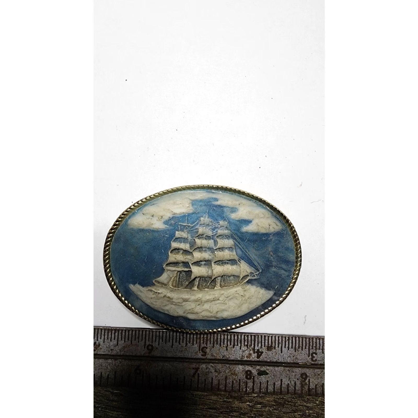 Vintage VINTAGE 1970s Incolay Stone Nautical Clipper Ship Belt Buckle Blue Men Size ONE SIZE - 3 Thumbnail