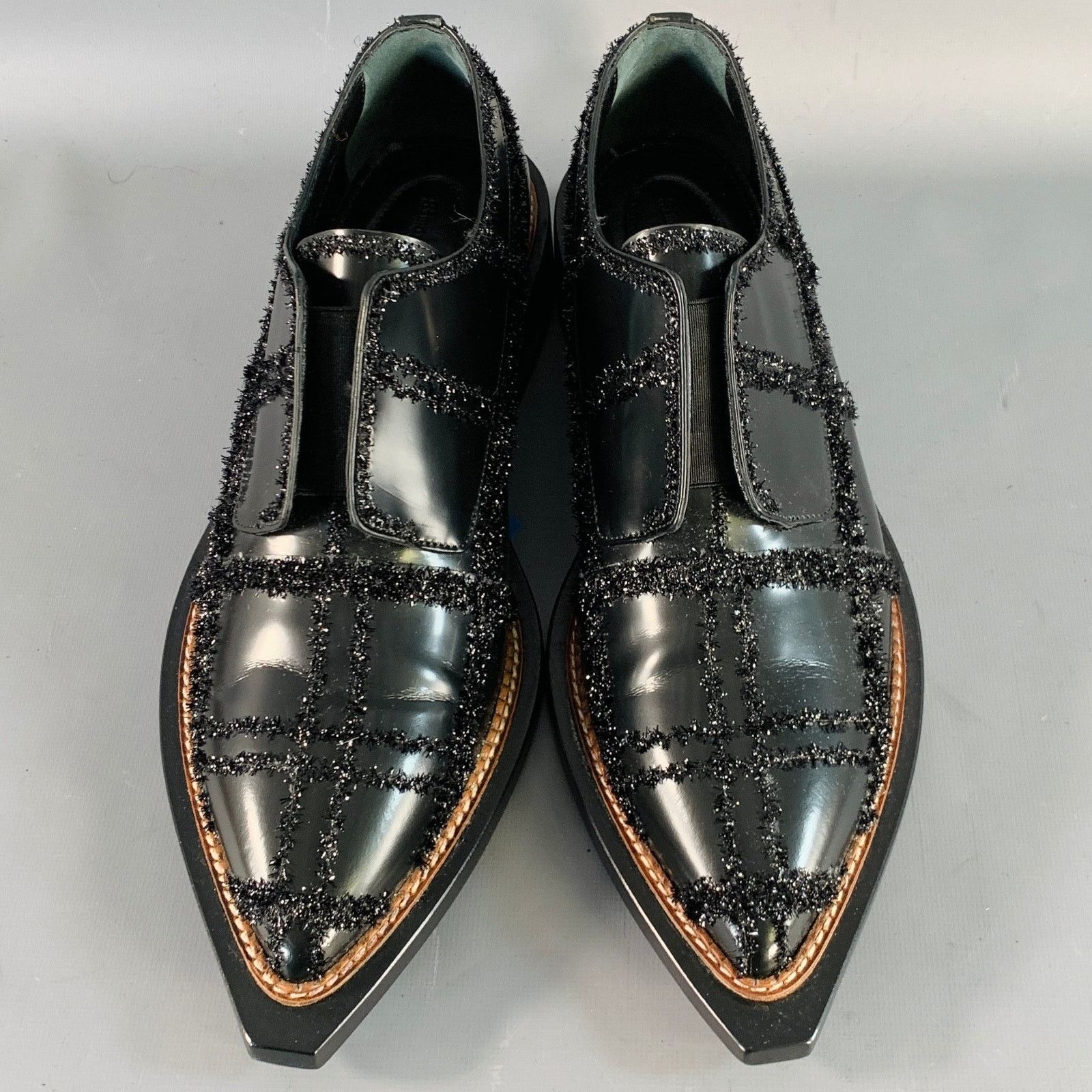 Size 8 Black Tinsel Embellishment Leather Slip On Loafers display picture 1