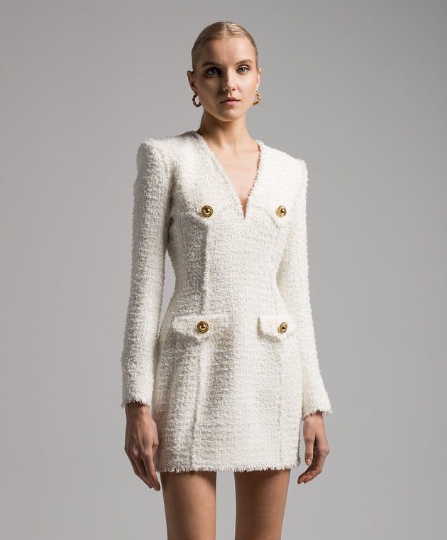 Balmain o1s1wg110825 Tweed Sheath Dress in White Size L / US 10 / IT 46 - 2 Thumbnail