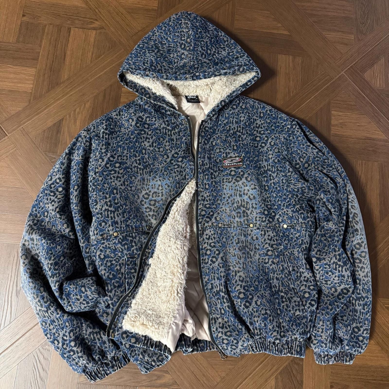 Blue Leopard Print Sherpa Lined Hooded Jacket