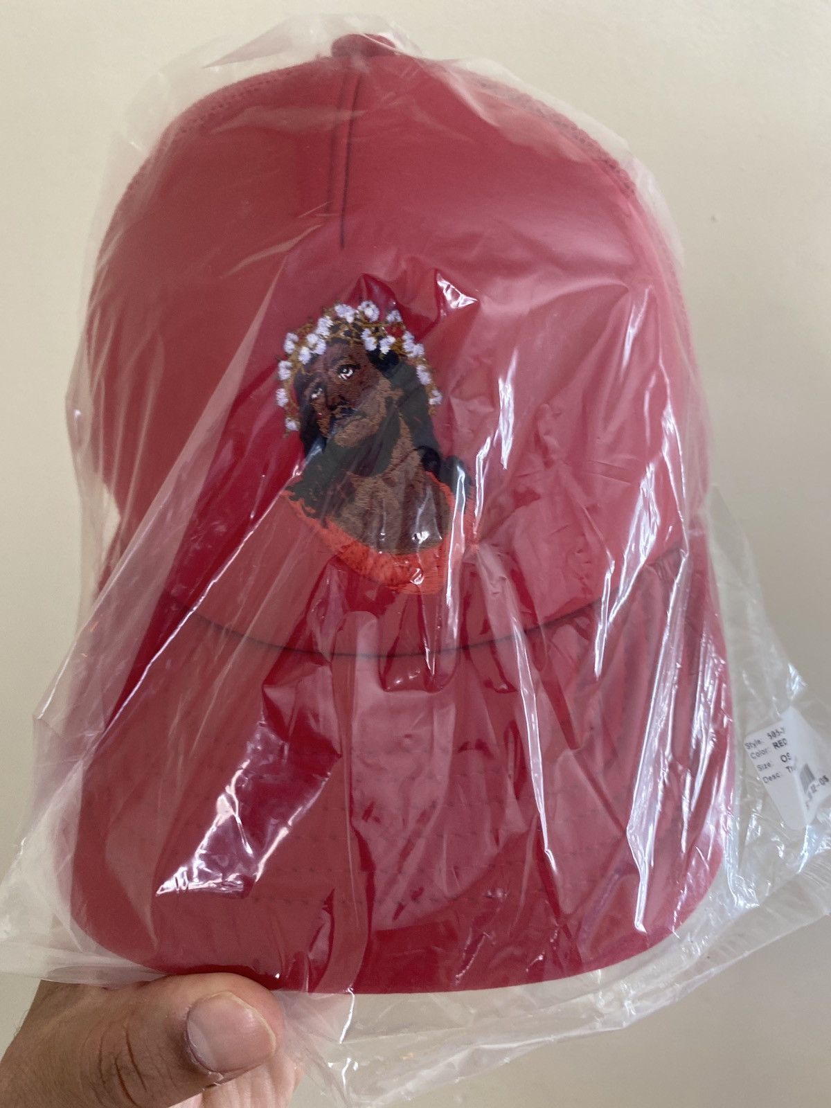 image of Denim Tears Crown Of Cotton Black Jesus Trucker Cap Hat Mesh in Red, Men's