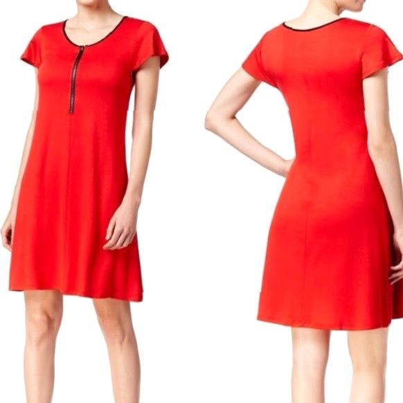 Vintage KENSIE Red Zip Neck Cap Sleeve T-Shirt Dress Medium Womens Above Knee Casual Viscose 70s Size M / US 6-8 / IT 42-44 - 2 Thumbnail