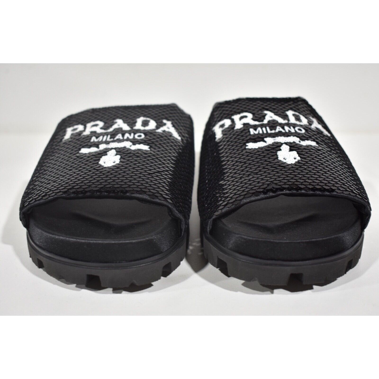 Prada Prada Black Sequin White Logo Slide Sandal Slip On Pool Size US 9 / IT 39 - 5 Thumbnail